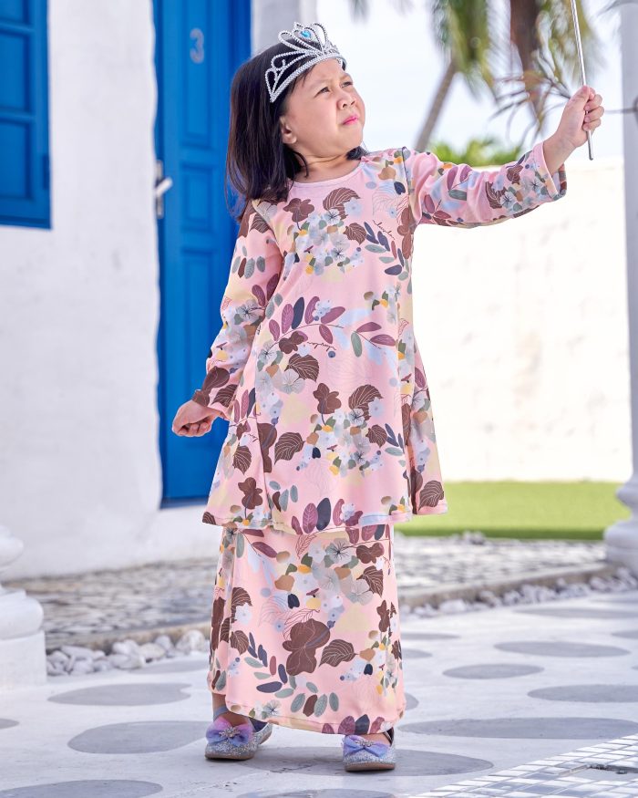 Baju Kurung Pahang Laura Printed Kids 9.0 - Peach Orange