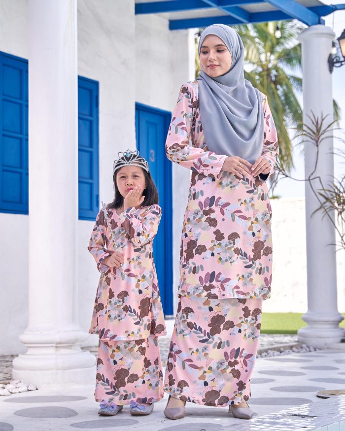 Baju Kurung Pahang Laura Printed Kids 9.0 - Peach Orange - Image 4