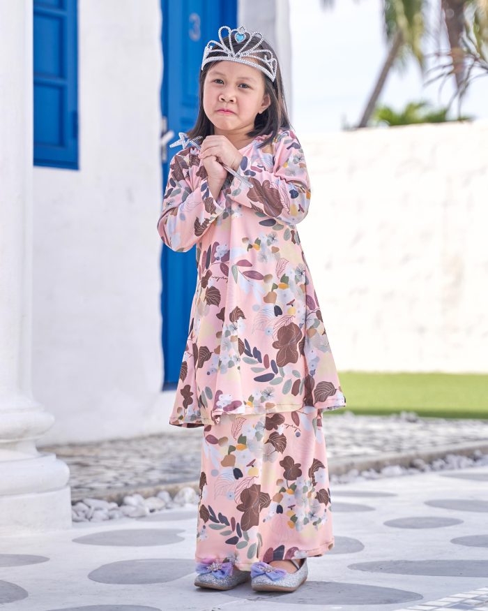 Baju Kurung Pahang Laura Printed Kids 9.0 - Peach Orange - Image 2