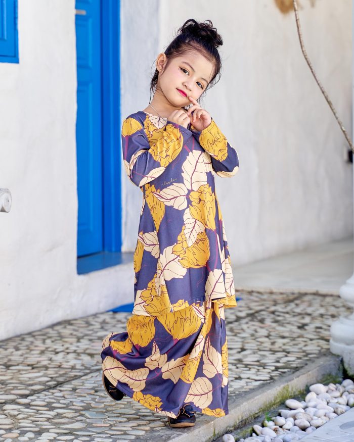 Baju Kurung Pahang Laura Printed Kids 9.0 - Pebble Millionbells