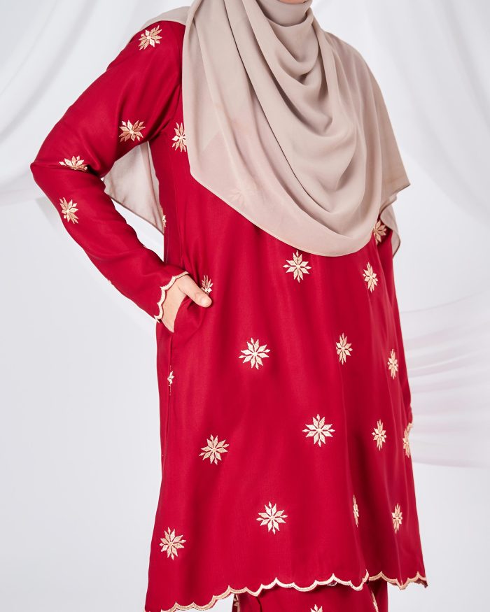 Baju Kurung Sulam Songket Tun Teja - Melati Maroon Red - Image 6