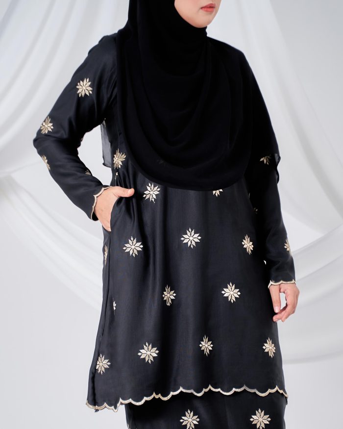 Baju Kurung Sulam Songket Tun Teja - Melati Matte Black - Image 4