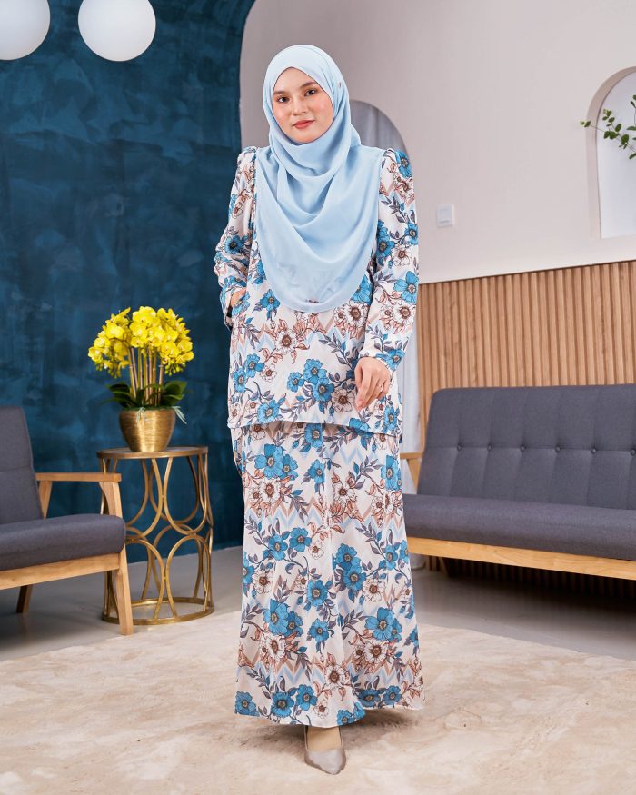 Baju Kurung Moden Chiffon Puffy Sandra - Bluebell Mist - Image 3