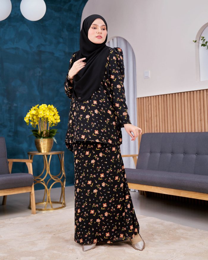 Baju Kurung Moden Chiffon Puffy Sandra - Carnation Black