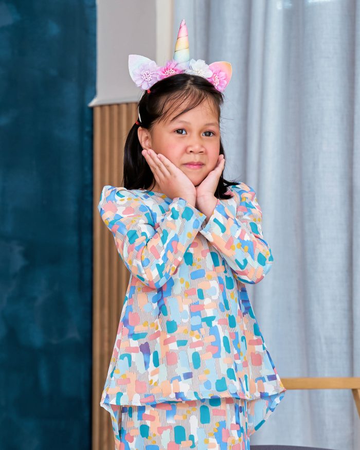 Baju Kurung Moden Chiffon Puffy Sandra Kids - Carolina Blue - Image 6