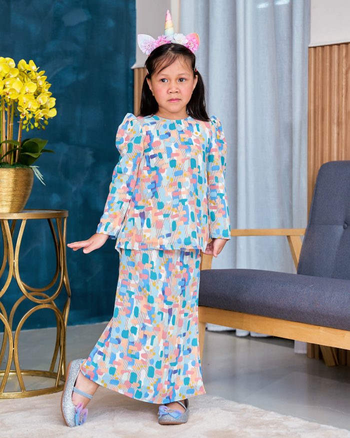 Baju Kurung Moden Chiffon Puffy Sandra Kids - Carolina Blue