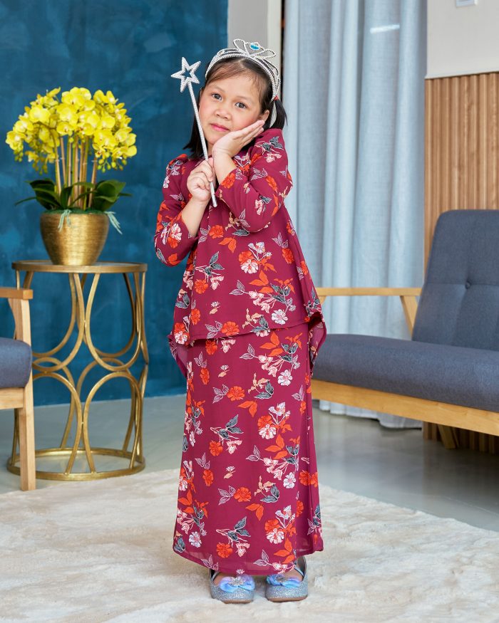 Baju Kurung Moden Chiffon Puffy Sandra Kids - Sweet Raisin - Image 3