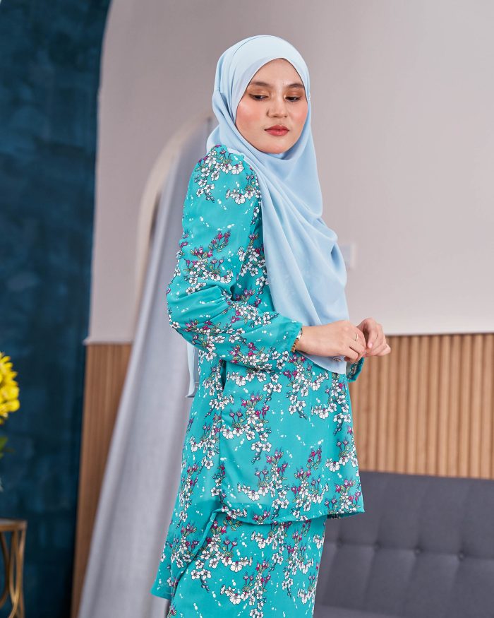 Baju Kurung Moden Chiffon Puffy Sandra - Turquoise Gloria - Image 5