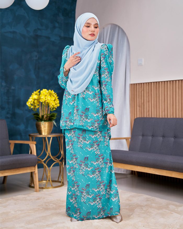 Baju Kurung Moden Chiffon Puffy Sandra - Turquoise Gloria - Image 3