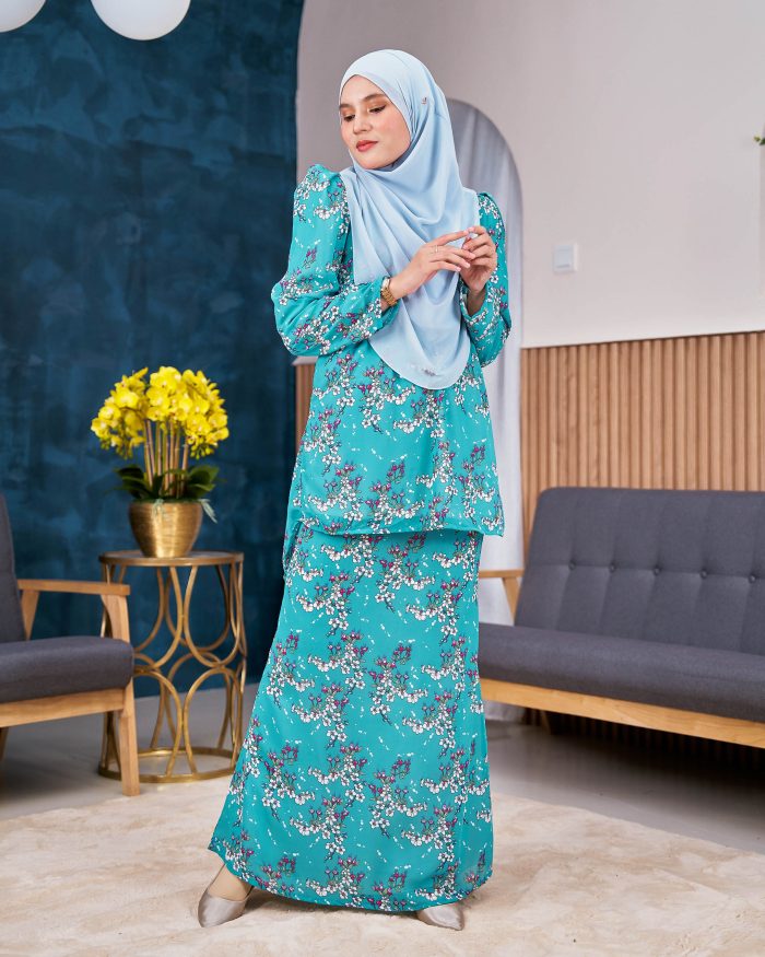 Baju Kurung Moden Chiffon Puffy Sandra - Turquoise Gloria