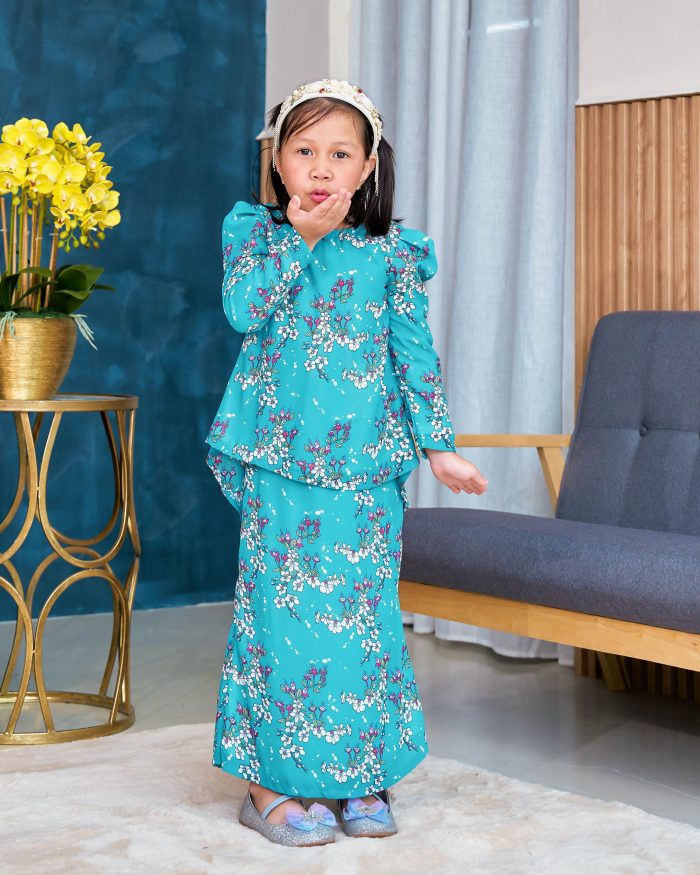 Baju Kurung Moden Chiffon Puffy Sandra Kids - Turquoise Gloria