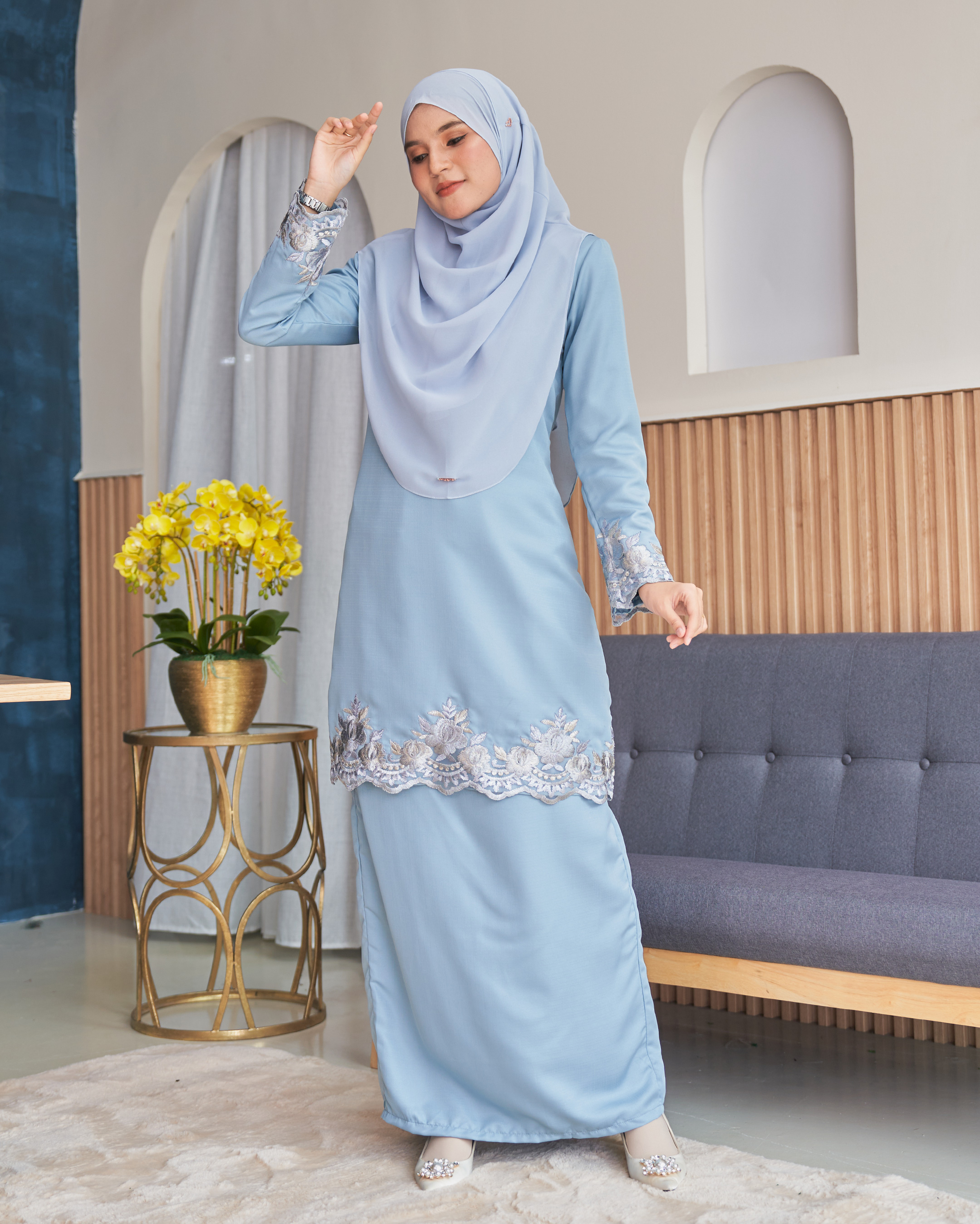 Baju Kurung Lace Safaira - Powder Blue - Kualiti Designer, Harga 