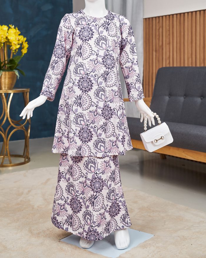 Baju Kurung Pahang Laura Printed Kids 11.0 - White Floral - Image 3