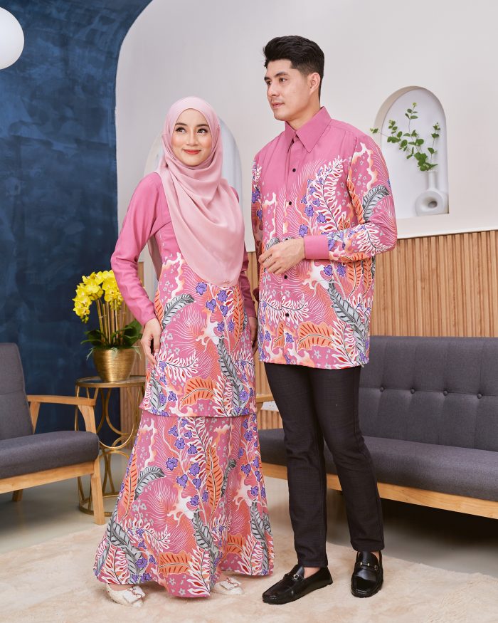 Baju Kurung Moden Batik Sultanah - Teruntum Thistle Pink - Image 6