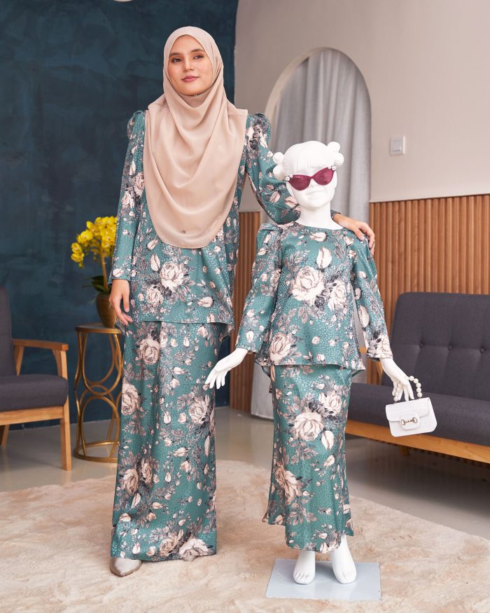 Baju Kurung Moden Puffy Salwa Kids - Bloom Cyan - Image 5