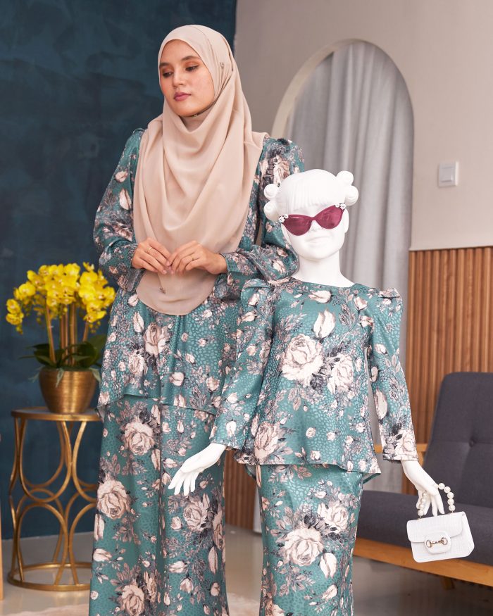 Baju Kurung Moden Puffy Salwa Kids - Bloom Cyan - Image 4