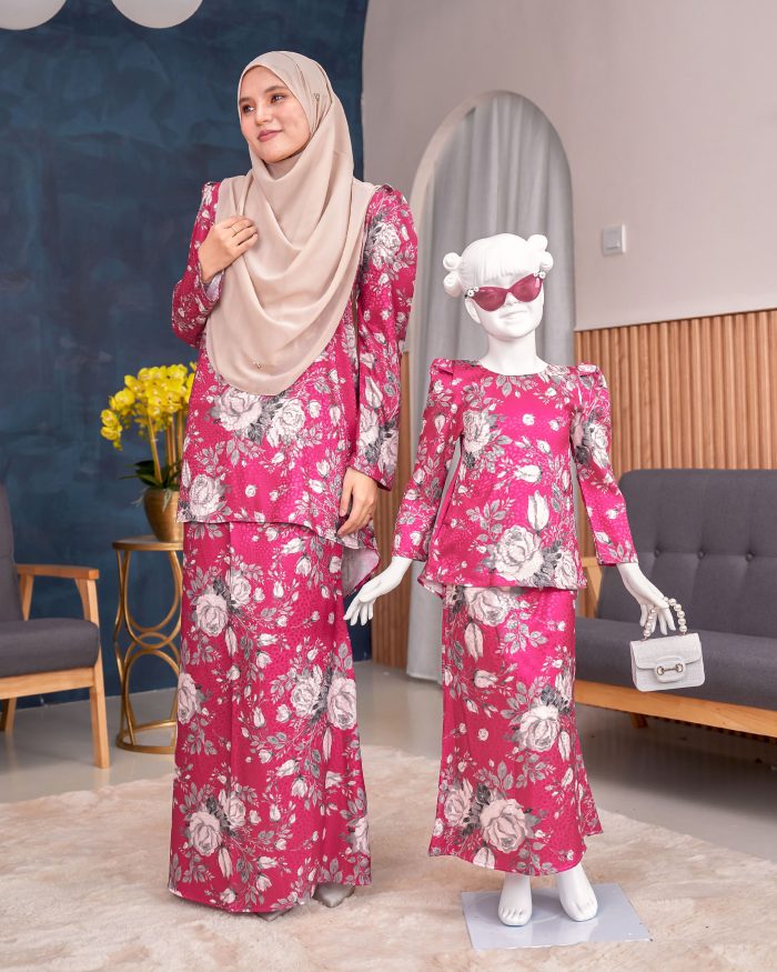 Baju Kurung Moden Puffy Salwa Kids - Bloom Hot Pink - Image 4