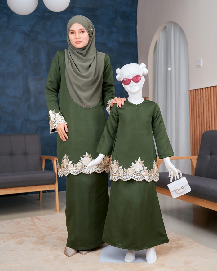 Baju Kurung Lace Safaira - Olive Green - Image 7