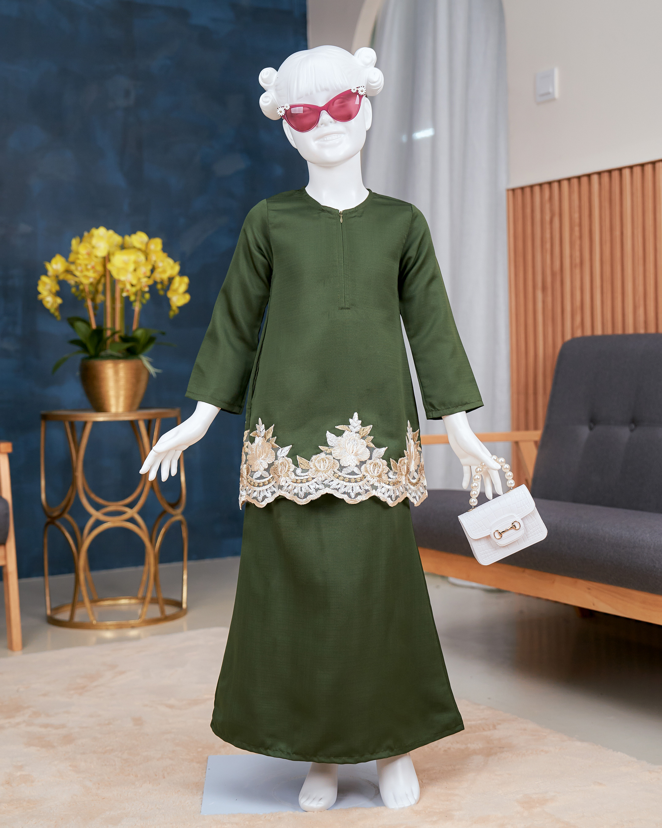Baju Kurung Lace Safaira Kids - Olive Green