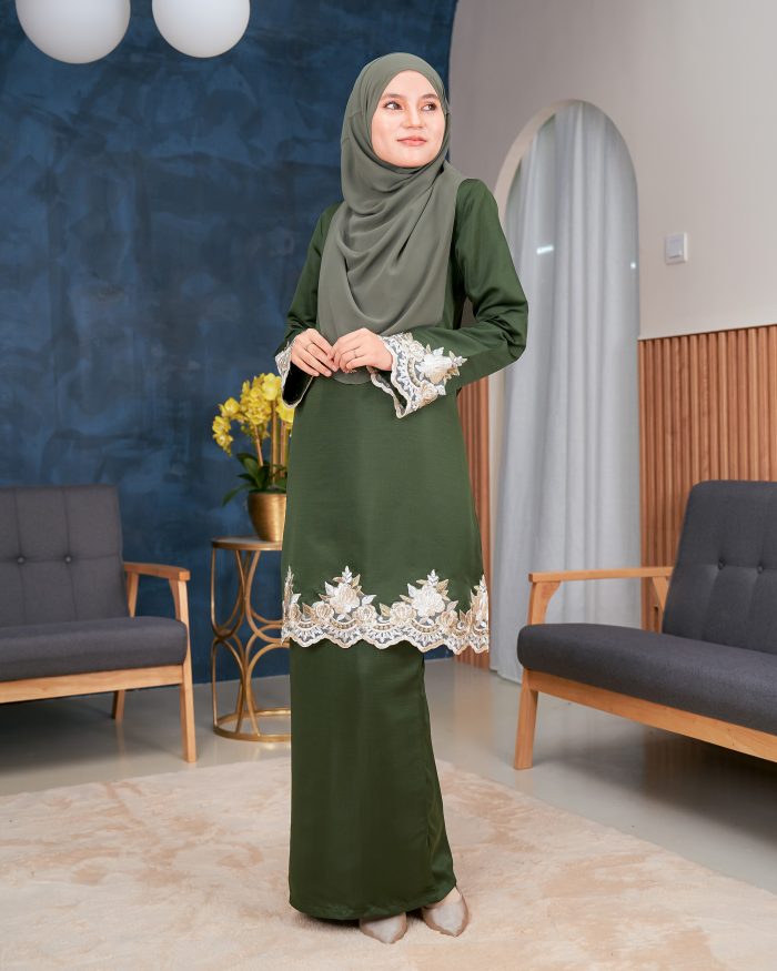 Baju Kurung Lace Safaira - Olive Green