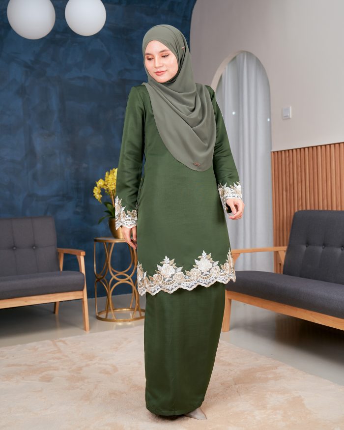 Baju Kurung Lace Safaira - Olive Green - Image 2