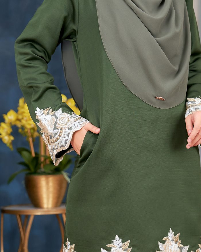 Baju Kurung Lace Safaira - Olive Green - Image 5