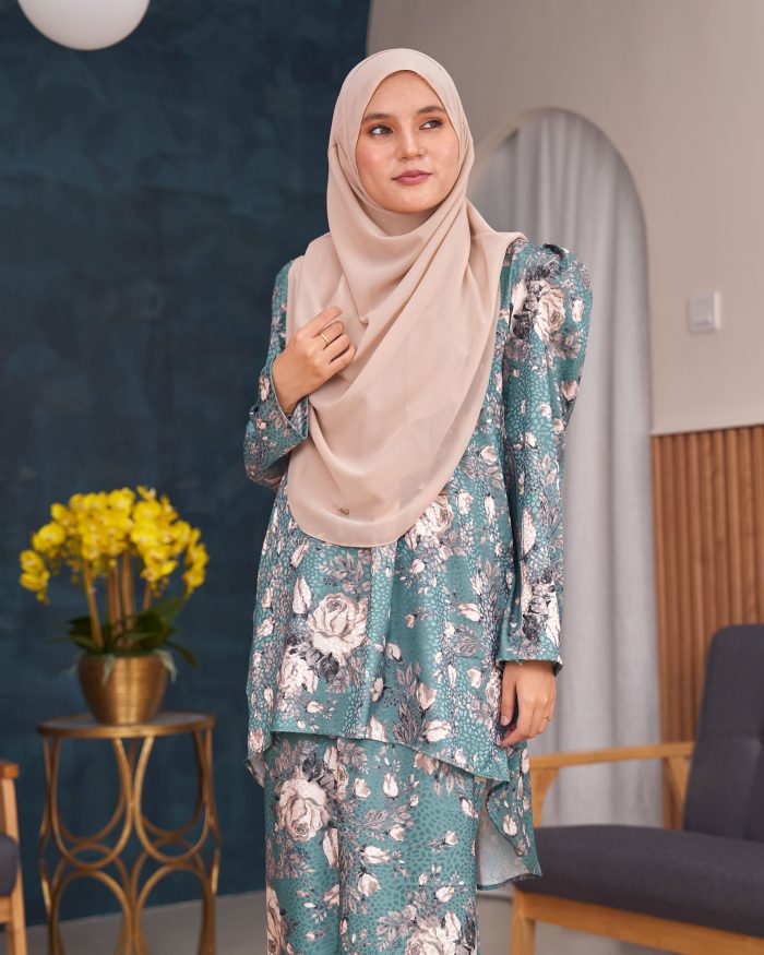 Baju Kurung Moden Puffy Salwa - Bloom Cyan - Image 3