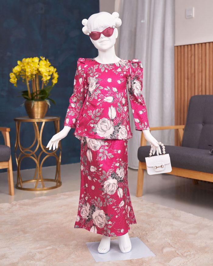 Baju Kurung Moden Puffy Salwa Kids - Bloom Hot Pink