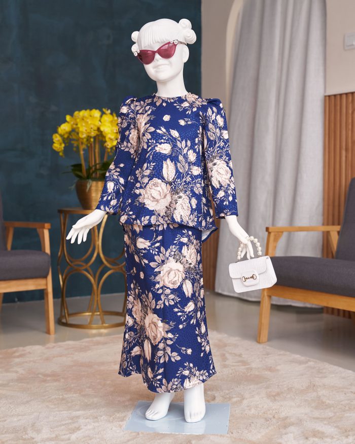 Baju Kurung Moden Puffy Salwa Kids - Bloom Navy Blue