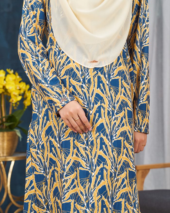 Baju Kurung Pahang Laura Printed 11.0 - Canary Blue - Image 5