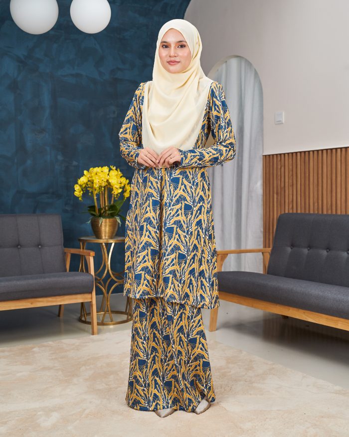 Baju Kurung Pahang Laura Printed 11.0 - Canary Blue - Image 2