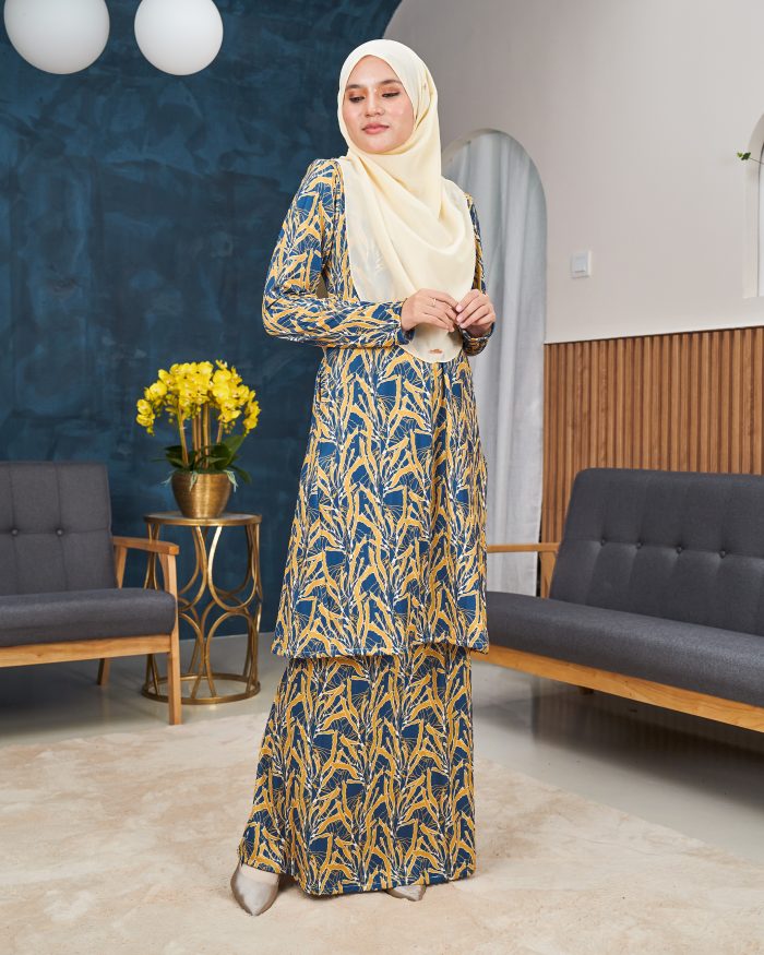 Baju Kurung Pahang Laura Printed 11.0 - Canary Blue - Image 3