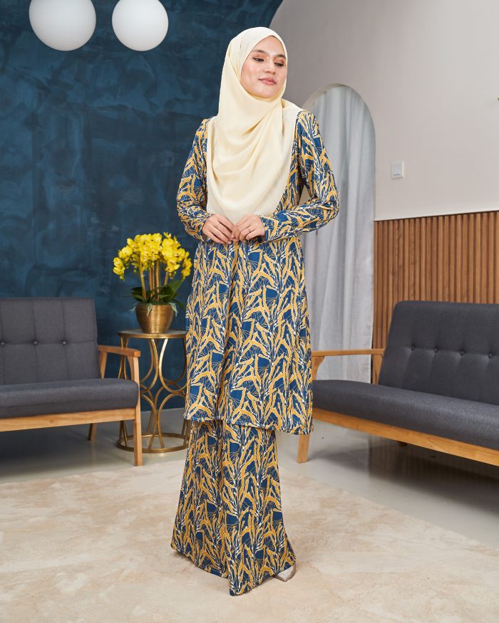 Baju Kurung Pahang Laura Printed 11.0 - Canary Blue - Image 4