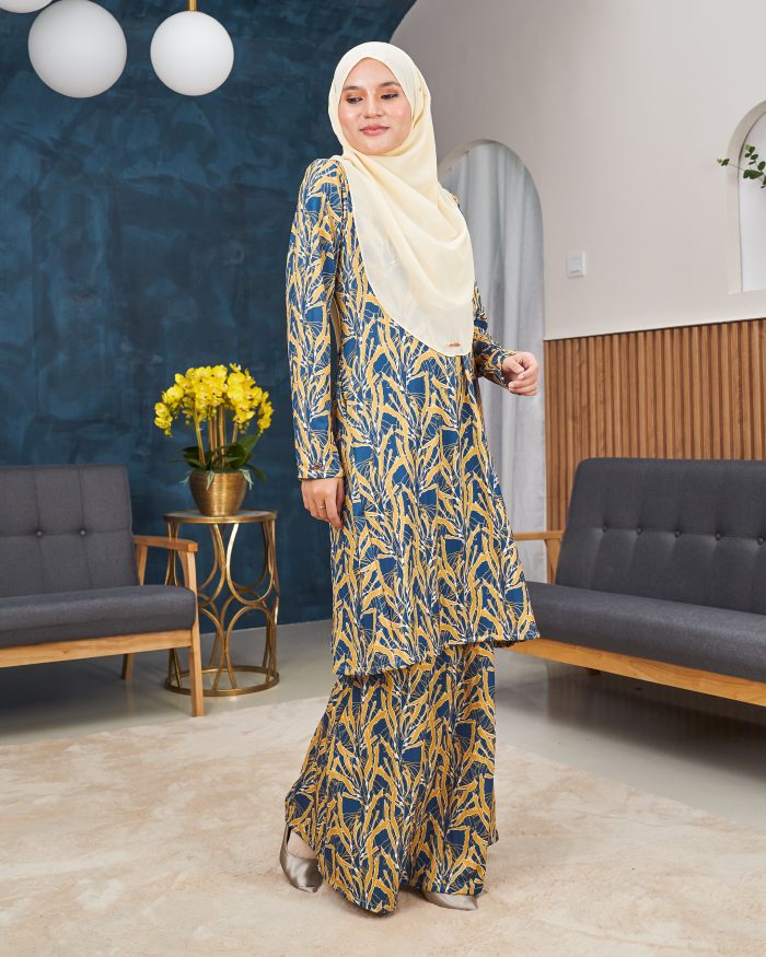 Baju Kurung Pahang Laura Printed 11.0 - Canary Blue