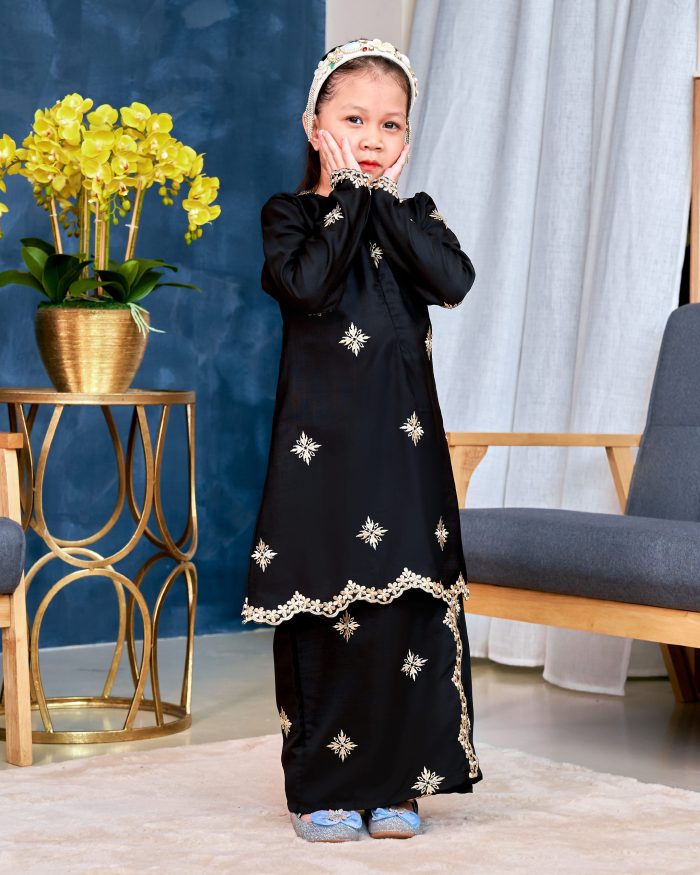 Baju Kurung Sulam Songket Tun Lestari Kids - Cempaka Black - Image 3