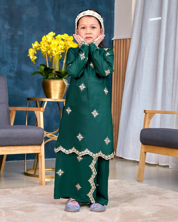 Baju Kurung Sulam Songket Tun Lestari Kids - Cempaka Green - Image 2