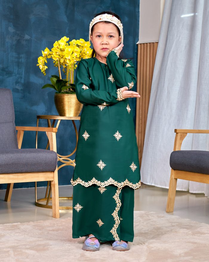 Baju Kurung Sulam Songket Tun Lestari Kids - Cempaka Green - Image 3