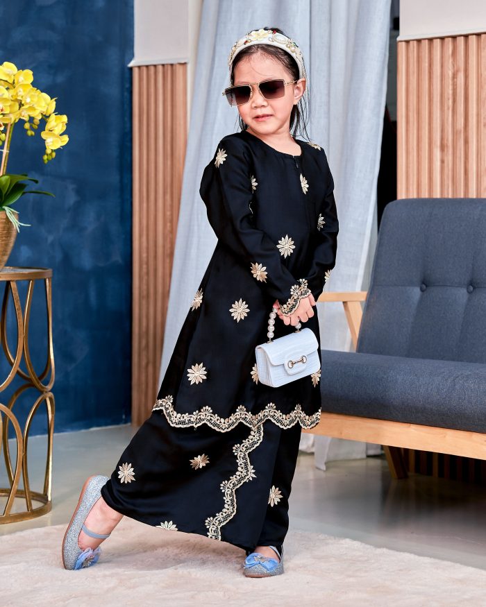 Baju Kurung Sulam Songket Tun Lestari Kids - Melur Black - Image 2