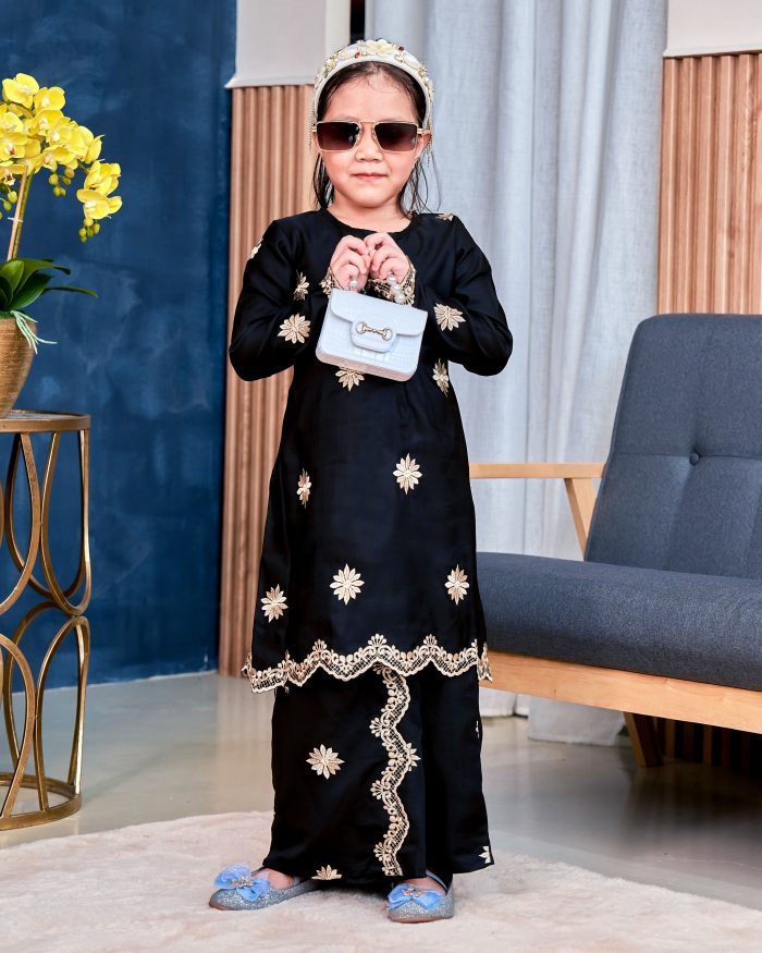 Baju Kurung Sulam Songket Tun Lestari Kids - Melur Black - Image 3