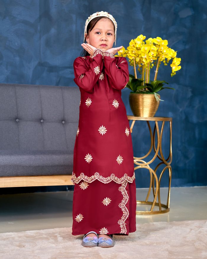 Baju Kurung Sulam Songket Tun Lestari Kids - Melur Red - Image 3