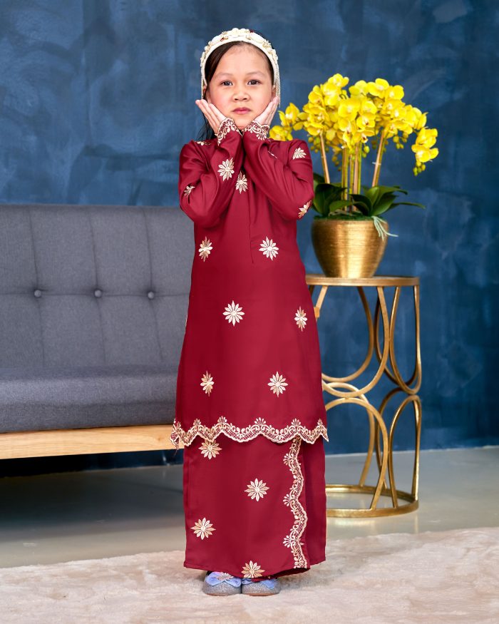 Baju Kurung Sulam Songket Tun Lestari Kids - Melur Red - Image 2