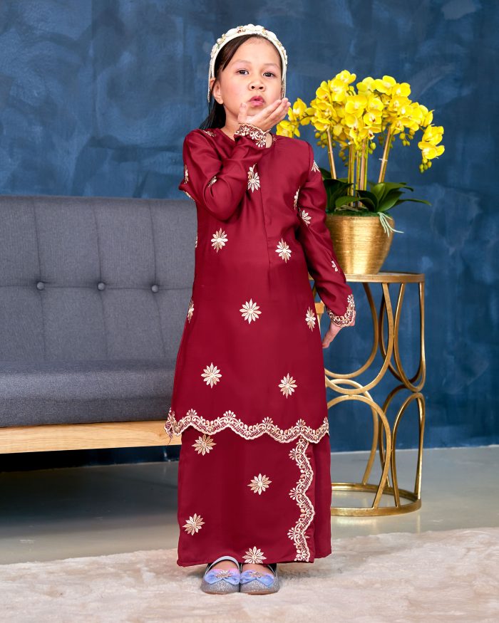 Baju Kurung Sulam Songket Tun Lestari Kids - Melur Red - Image 4