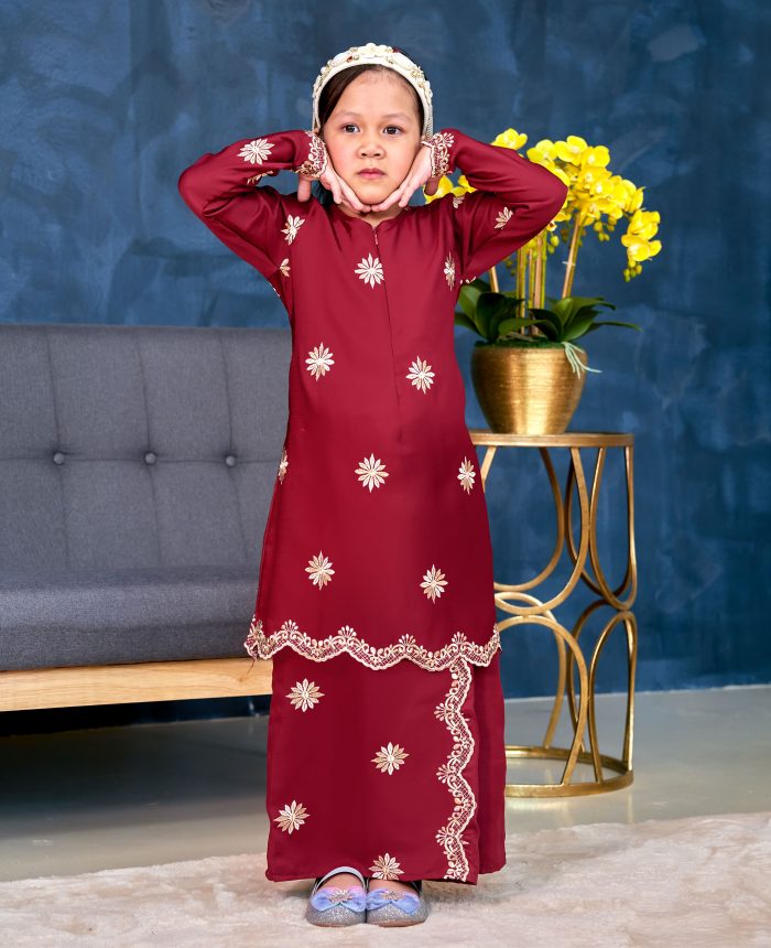 Baju Kurung Sulam Songket Tun Lestari Kids - Melur Red - Image 5