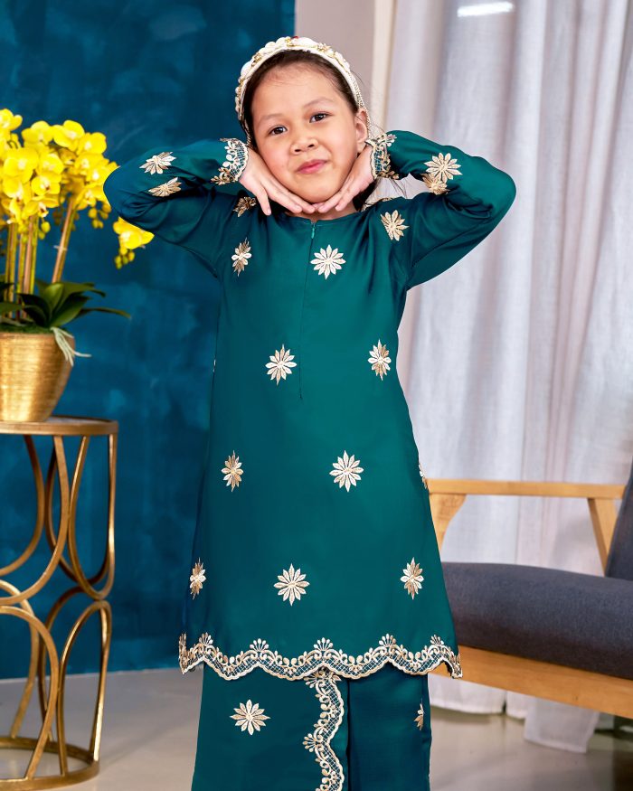 Baju Kurung Sulam Songket Tun Lestari Kids - Melur Teal - Image 3