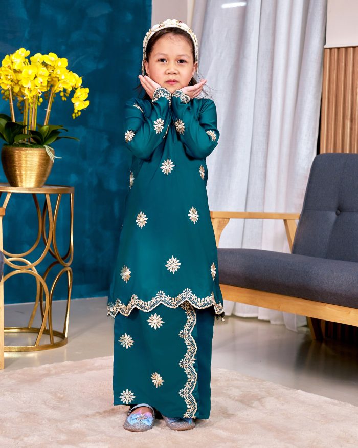 Baju Kurung Sulam Songket Tun Lestari Kids - Melur Teal - Image 2