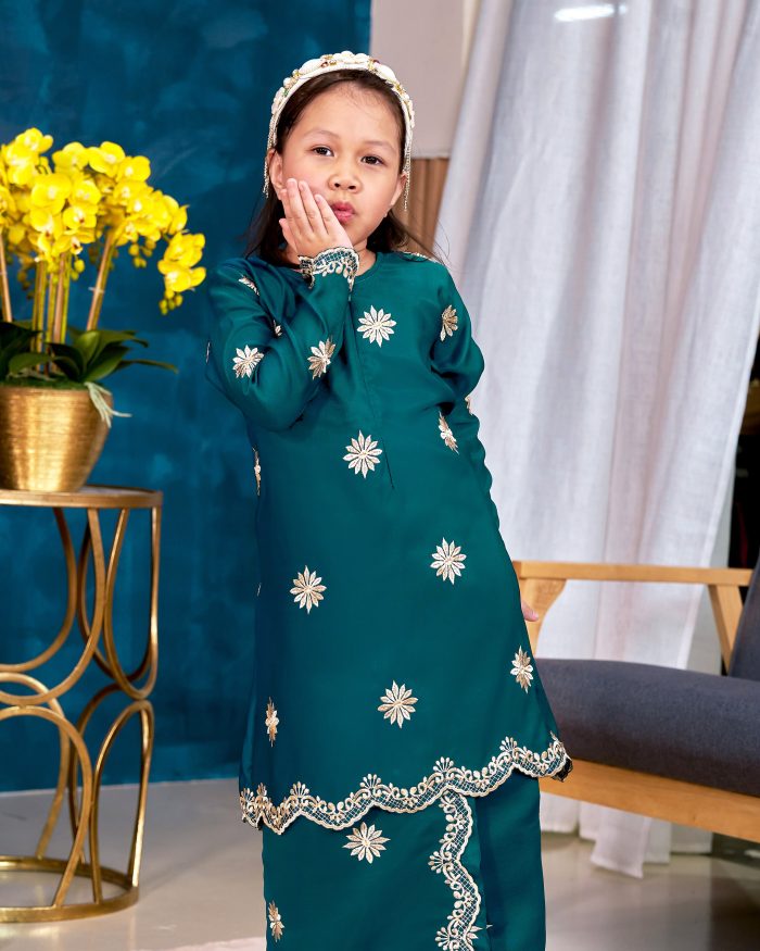 Baju Kurung Sulam Songket Tun Lestari Kids - Melur Teal - Image 4