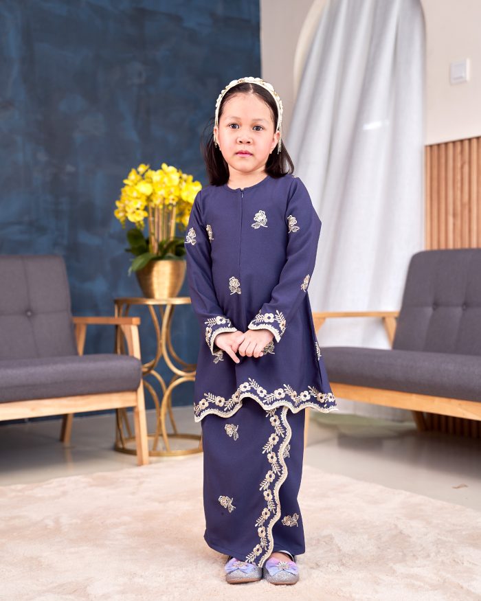 Baju Kurung Riau Sulam Songket Puteri Hang Li Po Kids - Mawar Navy Blue