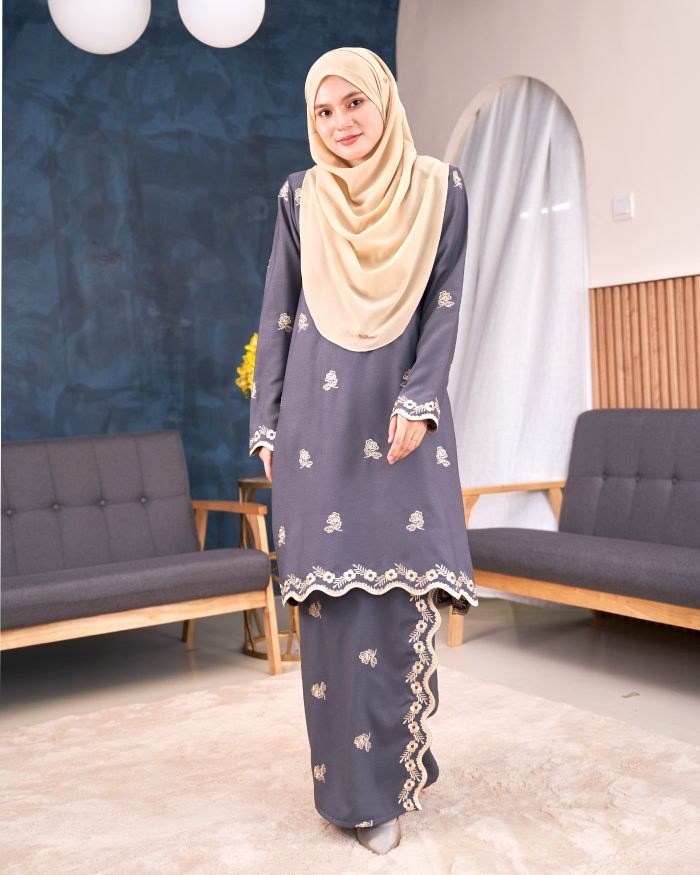 Baju Kurung Riau Sulam Songket Puteri Hang Li Po - Mawar Grey