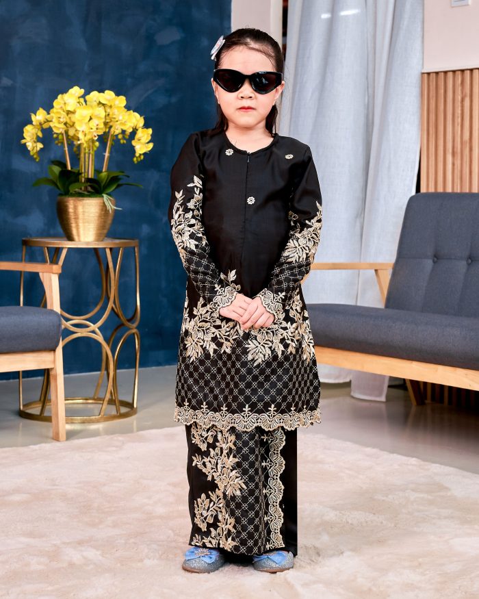 Baju Kurung Sulam Songket Tun Lestari Kids - Kuntum Black - Image 3