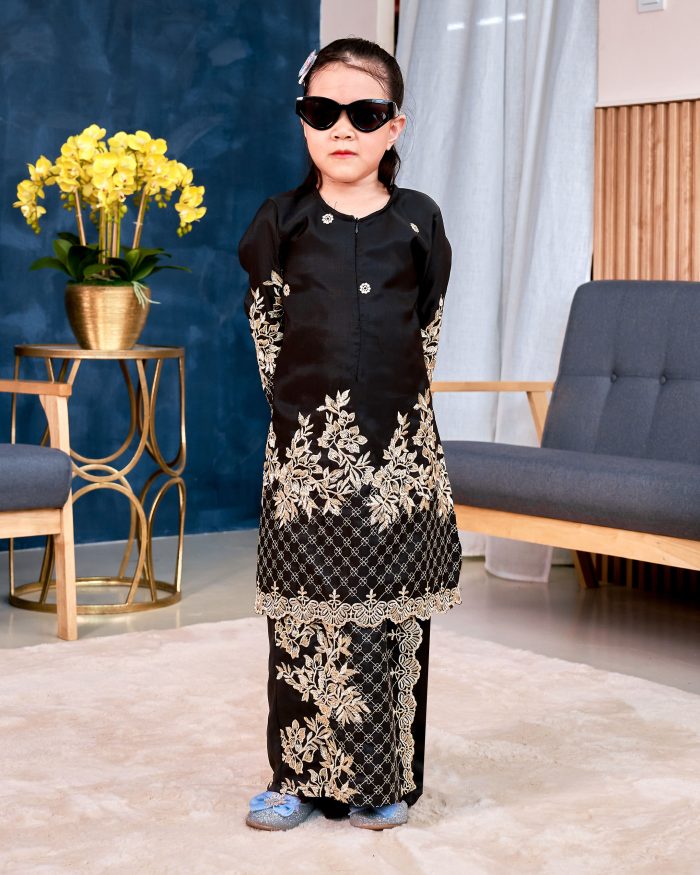 Baju Kurung Sulam Songket Tun Lestari Kids - Kuntum Black - Image 4